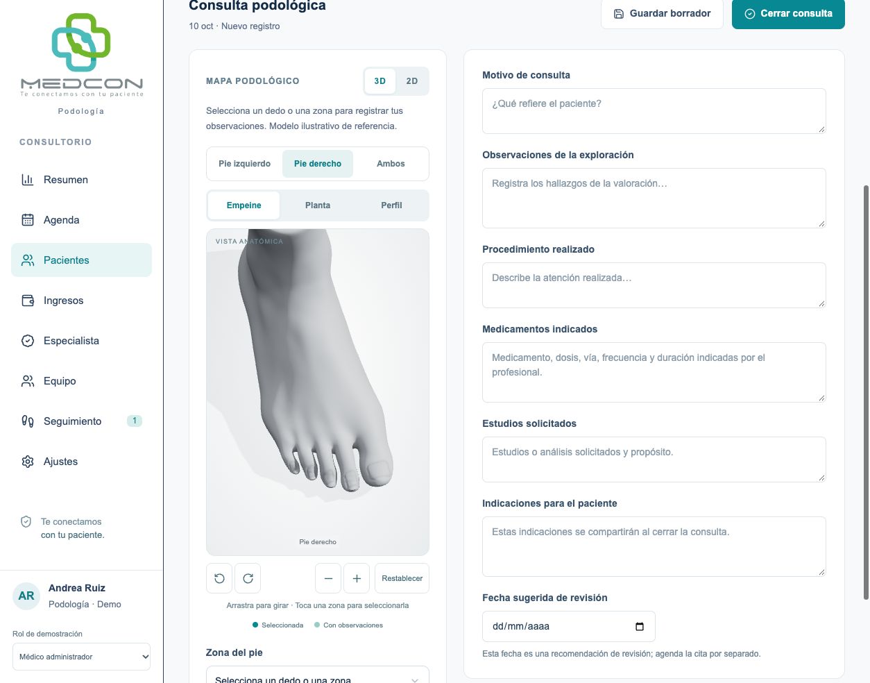 Captura de MEDCON: mapa podológico con un modelo de pie en 3D y campos para registrar la consulta
